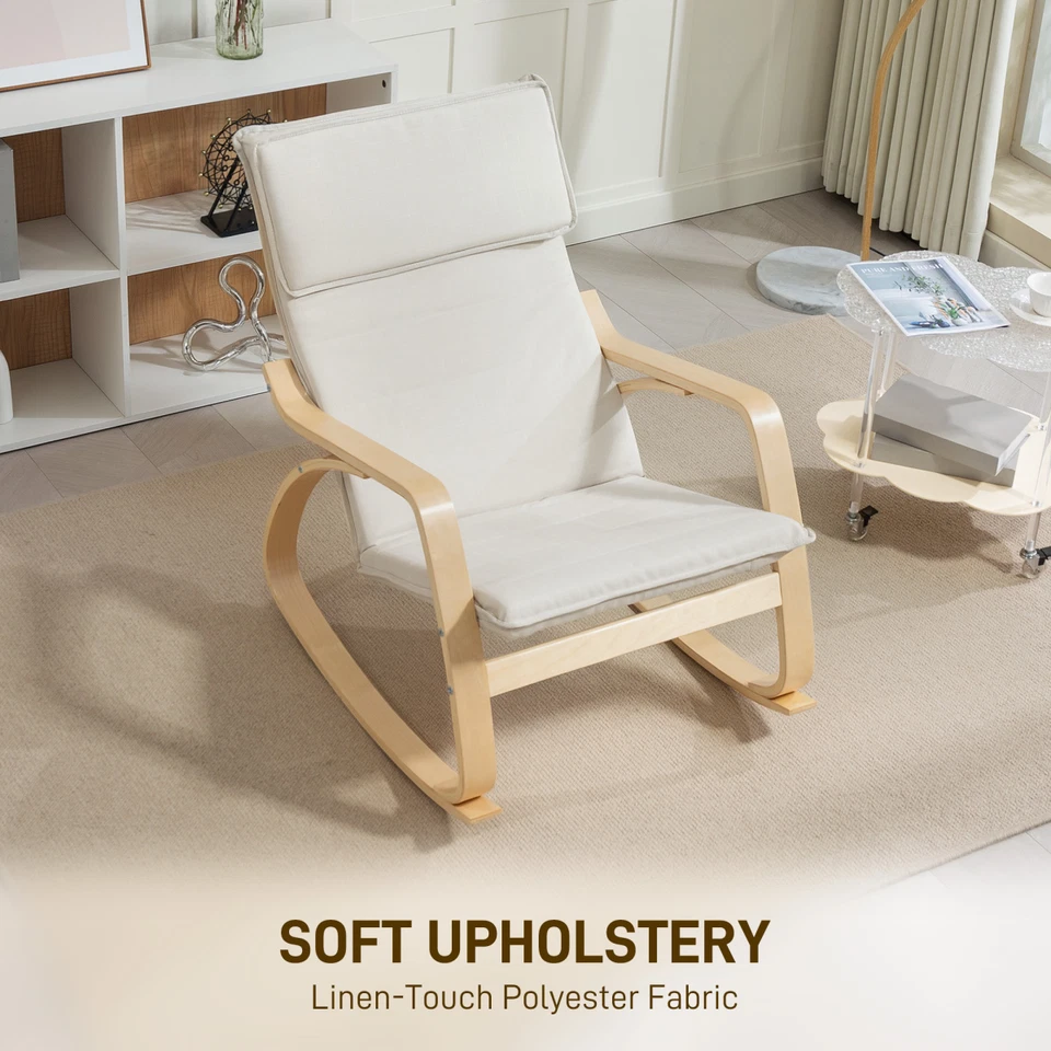 Recliner Chair Cream White Linen Foam 67x92x89cm High Back Rocking Ergonomic Sit - Image 2 of 4