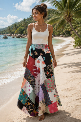 Handmade Boho Patchwork Wrap Skirt Cotton Maxi Wrap Beachwear One Size