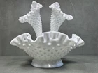 Vintage Fenton White Milk Glass Hobnail Ruffled Edge Epergne