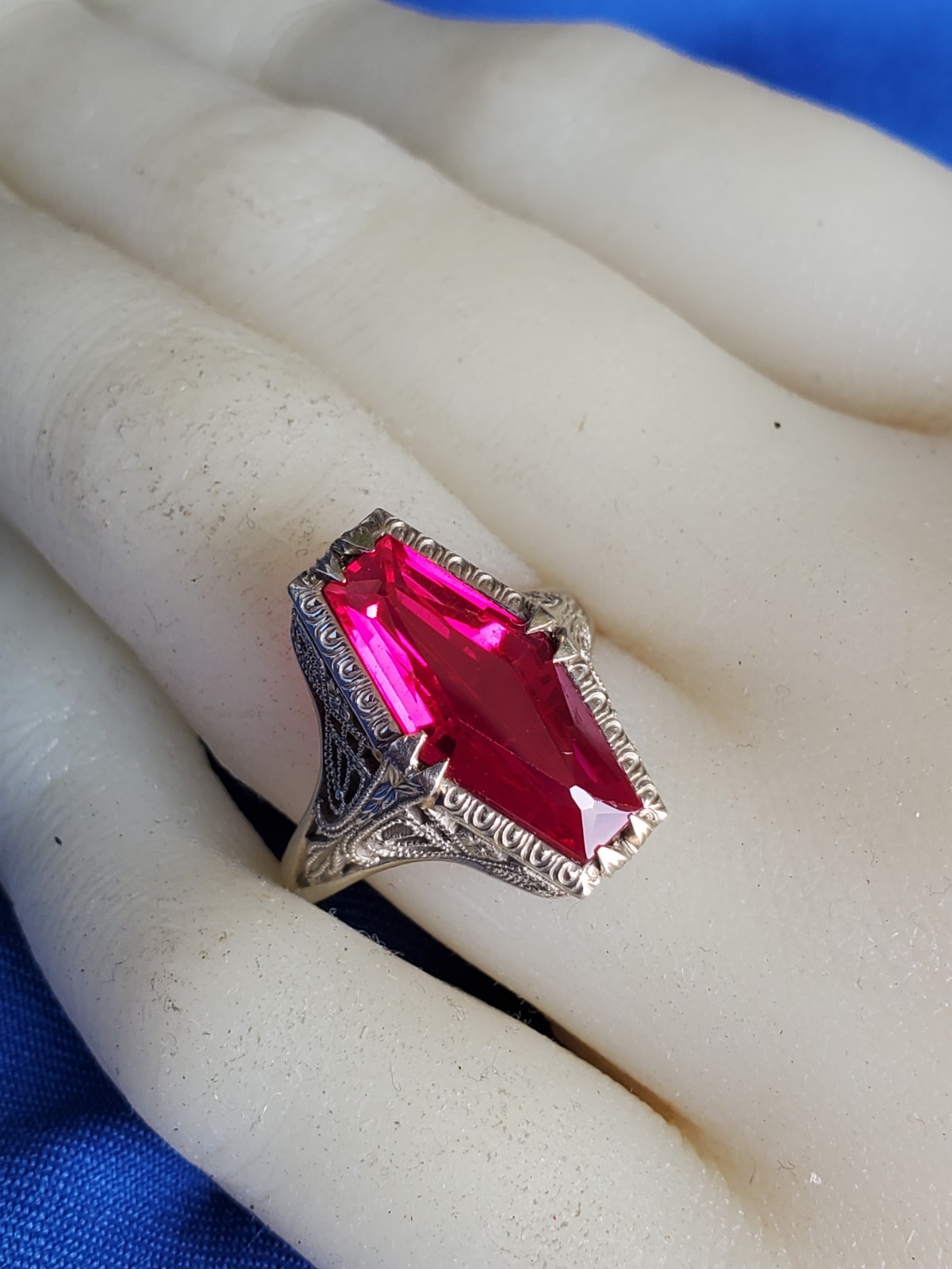 Vintage Deco Ruby Solid 14k White Gold Filigree S… - image 10