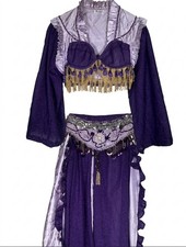 Vtg Elizabeth of New York Purple Belly Dance Costume Set Fringe Sequin Dress S