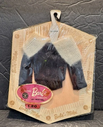 Vintage Barbie Pak Black Cardigan Sweater With White Angora Collar - NRFP