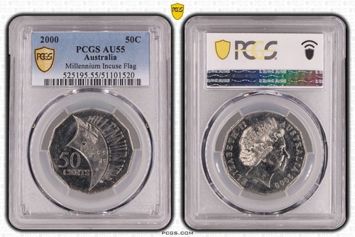 Australia 2000 Incused Millennium Flag 50c Coin PCGS AU55 #1520 - Picture 2 of 2