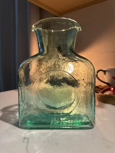 Blenko Glass Company #384 ? Double Spout Sea green Water Bottle Carafe Pitcher