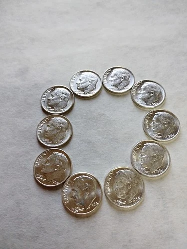 Lot of 10 90% Silver 🔥Roosevelt Dimes🔥 1964 P D AU/BU $1 Face #45