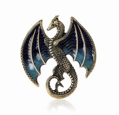 Fliegender Drache Brosche Gold Blau Emaille Anstecknadel Fantasy Gothic Schmuck Geschenk