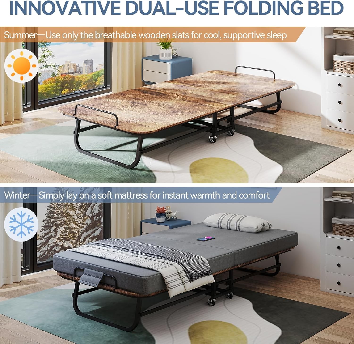 Double-sided Portable Foldable Bed Guest Bed with Memory Foam Mattress Rollaway