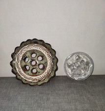 Vintage Pottery Green Brown Flower Frog Domed Top  Clear Glass Frog 7 11 Holes