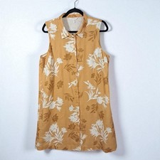 Garnet Hill Linen Full Button Shirt Dress Size 16 Floreal Yellow European Flax