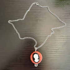 Vintage Cameo Necklace Red Coral Style Oval Pendant Lady Profile 19 EUC