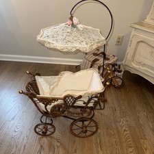 Antique Vintage Wicker Baby Doll Carriage Stroller Buggy with Umbrella Parasol