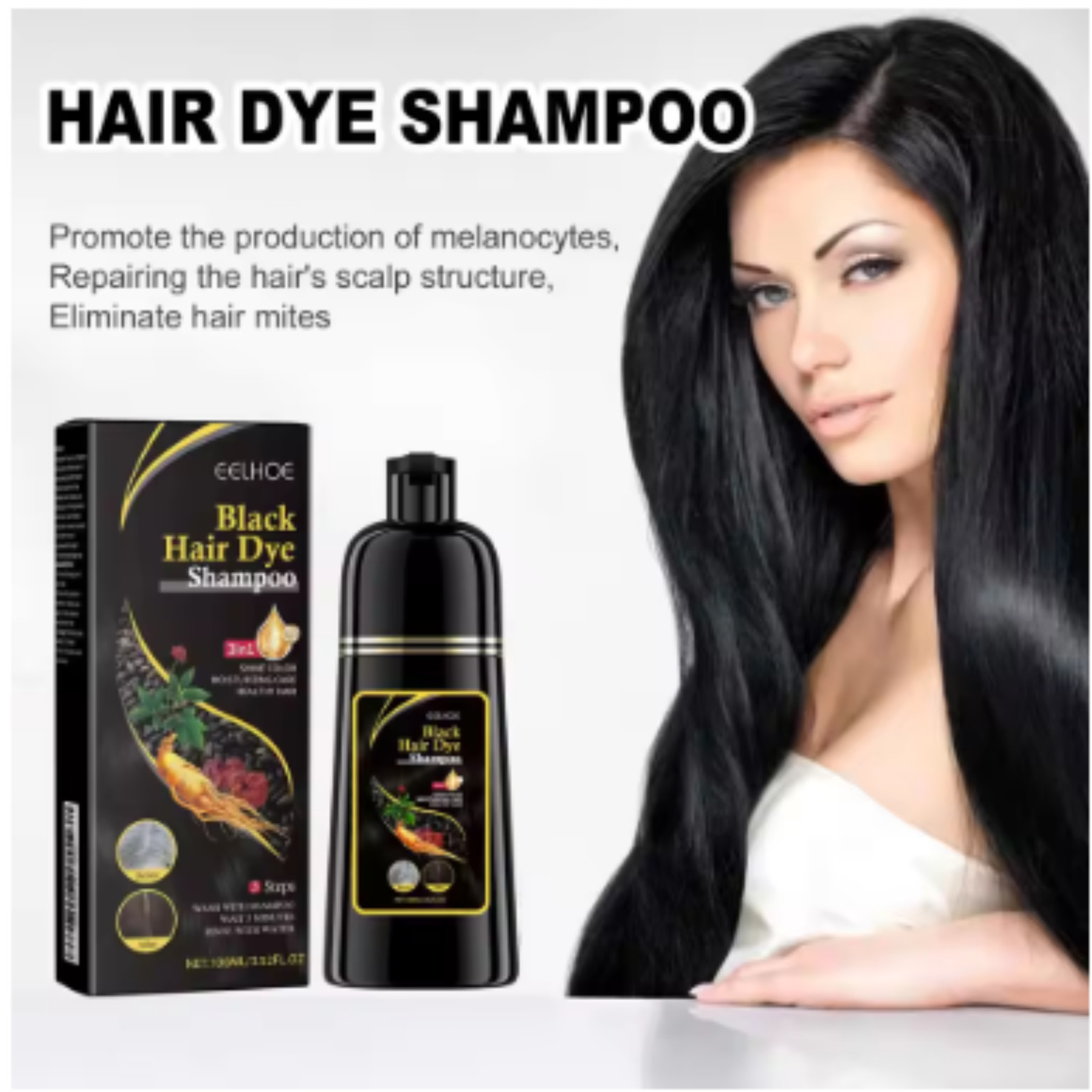 Shampoing colorant noir cheveux 3 en 1 teinture instantanée 500ml