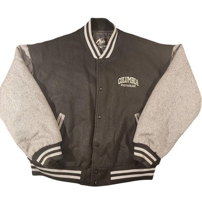 Columbia Pictures Jacket Mens XL Black Gray Varsity Snap Front Embroidered Patch