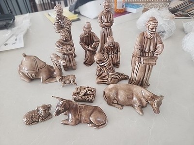 Vintage 13 Piece Nativity Set Glazed Ceramic  Tan Brown Color  Donkey Ear Glued