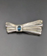 Vtg Sterling Silver MEXICO Faceted Blue Stone Folded Fan Bow 925 Pin Brooch 13g