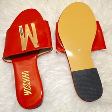 MOSCHINO Women  s Red Solid Logo Slide Sandals Slip-On Flat Casual EU 36