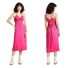 Y2K Babydoll Pink V-Neck Strappy Lace Up Tie Back Slip Midi Dress M Wild Fable