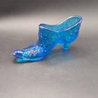 Fenton Art Blue Glass Slipper shoe button and daisy UV reactive manganese glows