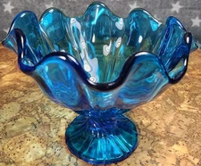 Vintage LE Smith Blue 6.5 inch Handkerchief Vase Swung Art Glass Compote Bowl