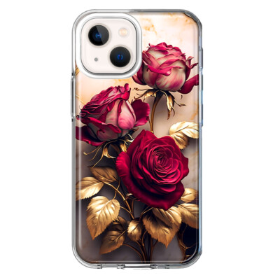 For Apple iPhone 13 Shockproof Hybrid Case, Gold Marble Red Roses Phone Cover