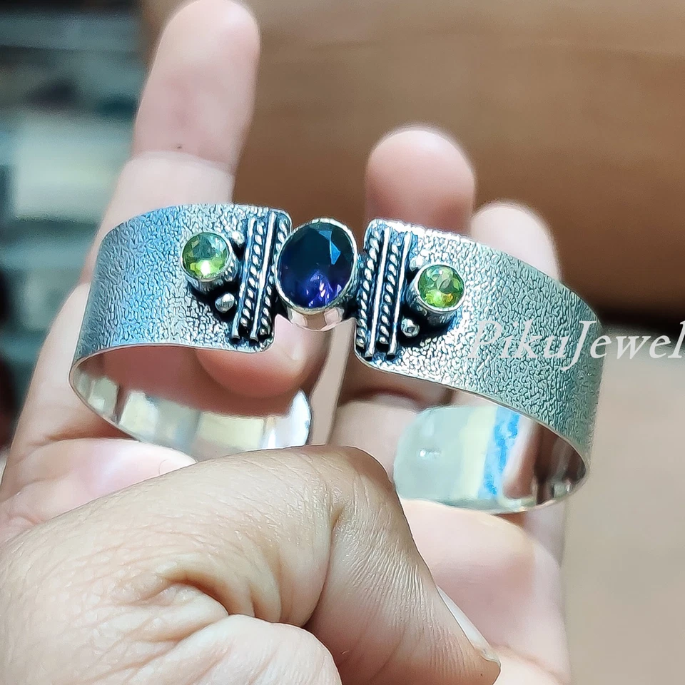 Amethyst mit apfelgrünem Peridot Edelstein 925 Sterling Silber großer Armreif... - Bild 2 von 4