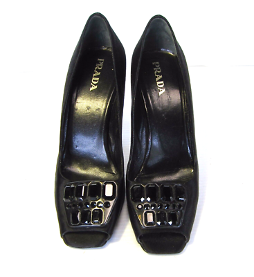 PRADA SQUARE OPEN TOE HEELS SHOES SLIP ON SIZE 38 BLACK CRYSTALS