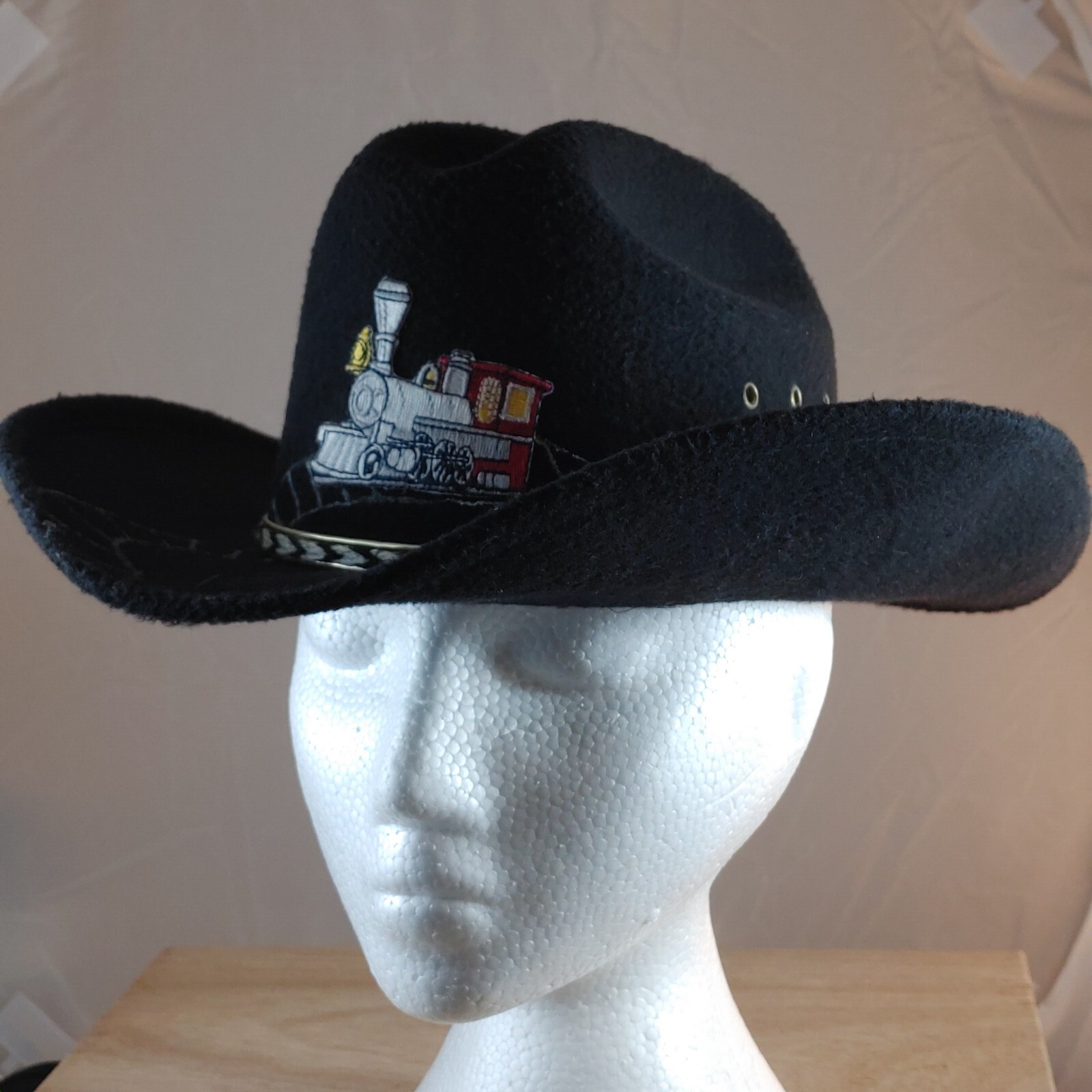 Vtg Summit Child's Cowboy Hat Sz 6.5 Black Wool Felt Trail Engine Railroad Motif