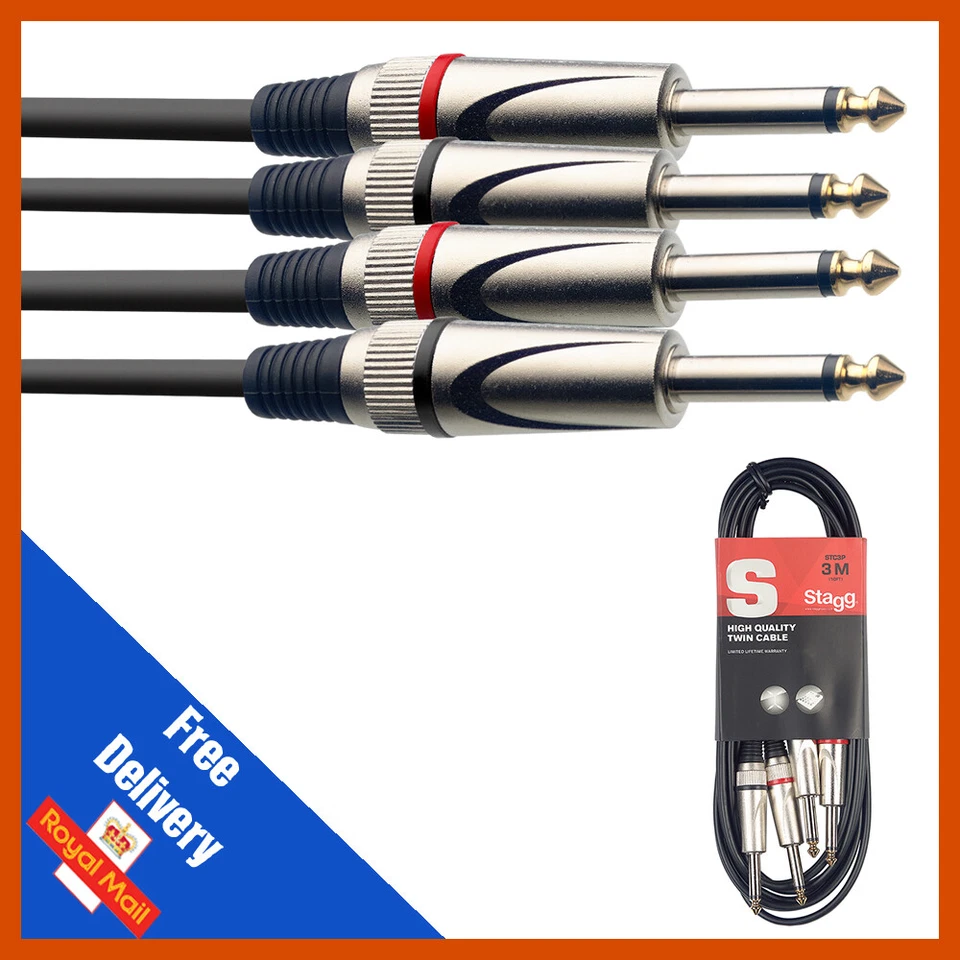 Stagg Double Jack 6.3mm 1/4" to Double Jack 6.3mm 1/4" Plugs Audio Lead Cable