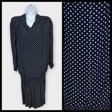 Greg Adams Woman Cowl Neck Long Sleeve Drop Waist 80s Blue Polka Dot Dress 18/XL