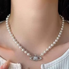 Vivienne Westwood Choker Orb Rhinestone Pendent Pearl Necklace Silver Pre-owned