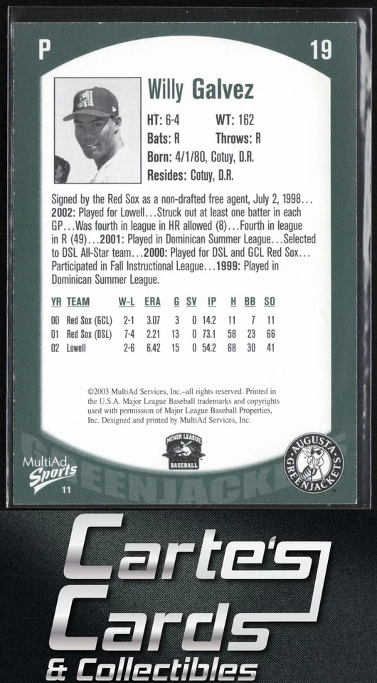 Willy Galvez 2003 MultiAd Augusta GreenJackets #11 Augusta GreenJackets - Image 2 of 2