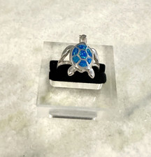 Solid Sterling Silver Split Shank Turtle Ring Blue Opal Inlay Size 9.5 Gift Box
