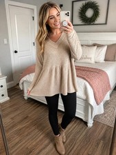 BiBi Waffle Knit Tunic Top Beige Long Sleeve Size M