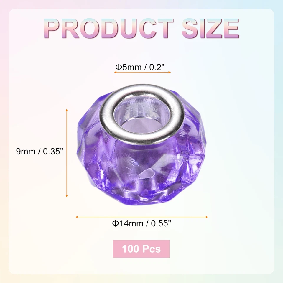 100Pcs 14mm Large Hole Acrylic Beads Light Purple European Loose Faceted Bead Foto 2 de 4