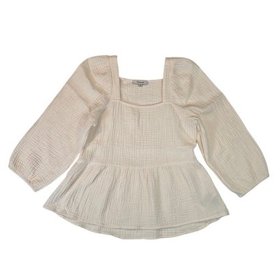 Madewell XS Lightspun Millbrook Peplum Top Ivory Gauze Puff Sleeve Square Neck