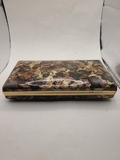 Jewelry box by Mele. Hard plastic in brown watercolor design. Brass detail. Vtg