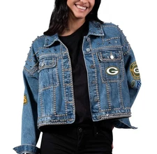GIII 4Her Green Bay Packers Denim Jacket WOMENS Button Close Embellished XXL
