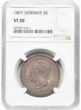 1897 Norway Oscar II 2 Kroner NGC VF30 Low Mintage