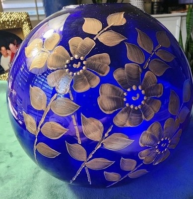  Colbolt Blue Hand Painted Orb Vase 7x7'' Matte Gold Flowers Vintage