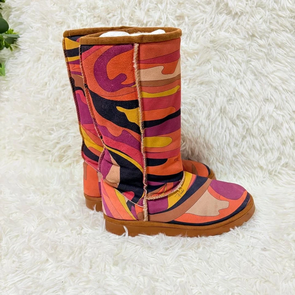 EMILIO PUCCI Multicolor Shearling Boots Geometric Pattern Suede Women’s Designer - Image 3 of 4