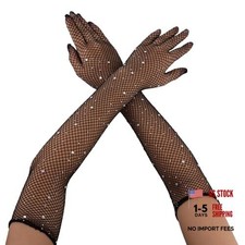 Mikovivi Rhinestone Long Fishnet Gloves, Black Polyester Sparkly Mesh Rave