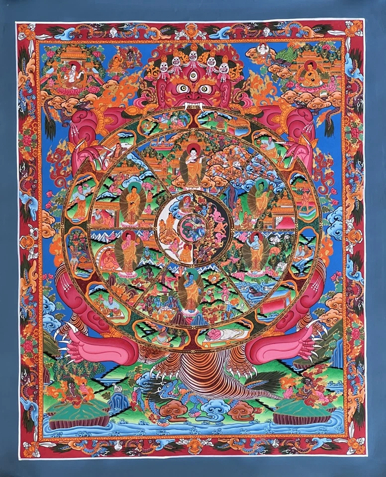 RUEDA DE LA VIDA BHAVACHAKRA SAMSARA MANDALA ORIGINAL PINTADO A MANO THANGKA TIBETANO Foto 2 de 4