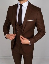 Men Brown 3 Piece Suit Wedding Dinner Party Wear Suits Coat Vest Pant 