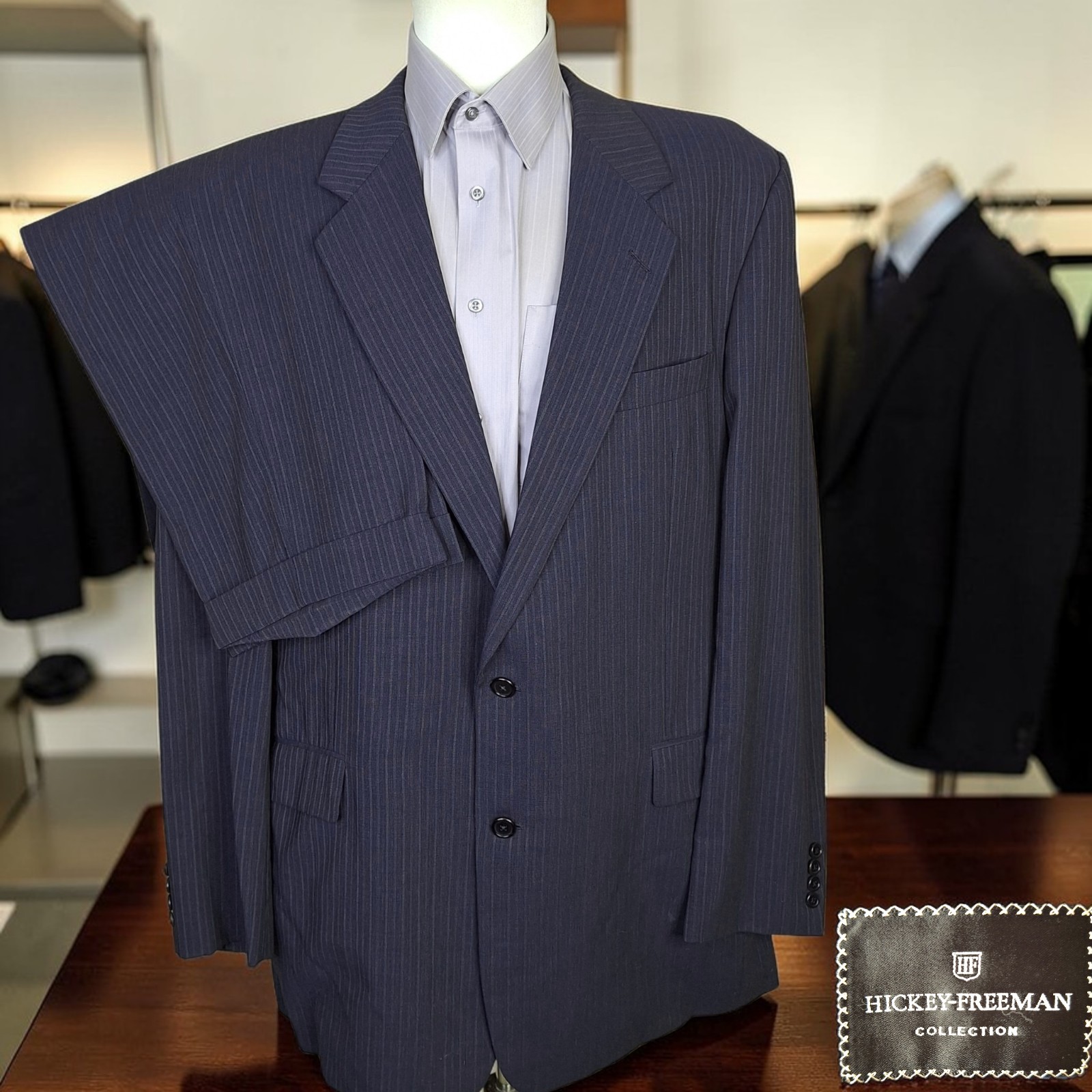 Hickey Freeman Suit 2 Piece Mens 46XL 38X33 Blue Gray Stripe Wool