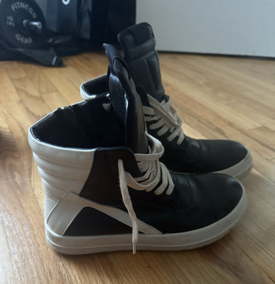 Rick Owens Men's Black White High-Top Leather Lace-Up Biker Boots