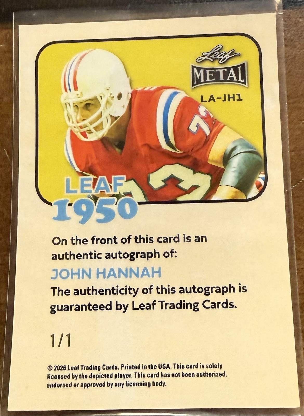 JOHN HANNAH #D 1/1 2026 LEAF METAL FOOTBALL 1950 AUTOGRAPH Pink Ice 1/1 Auto view 2