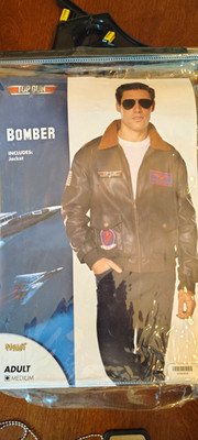 Spirit Top Gun Bomber Jacket Costume w/ Patches & Dog Tags Brown Size M