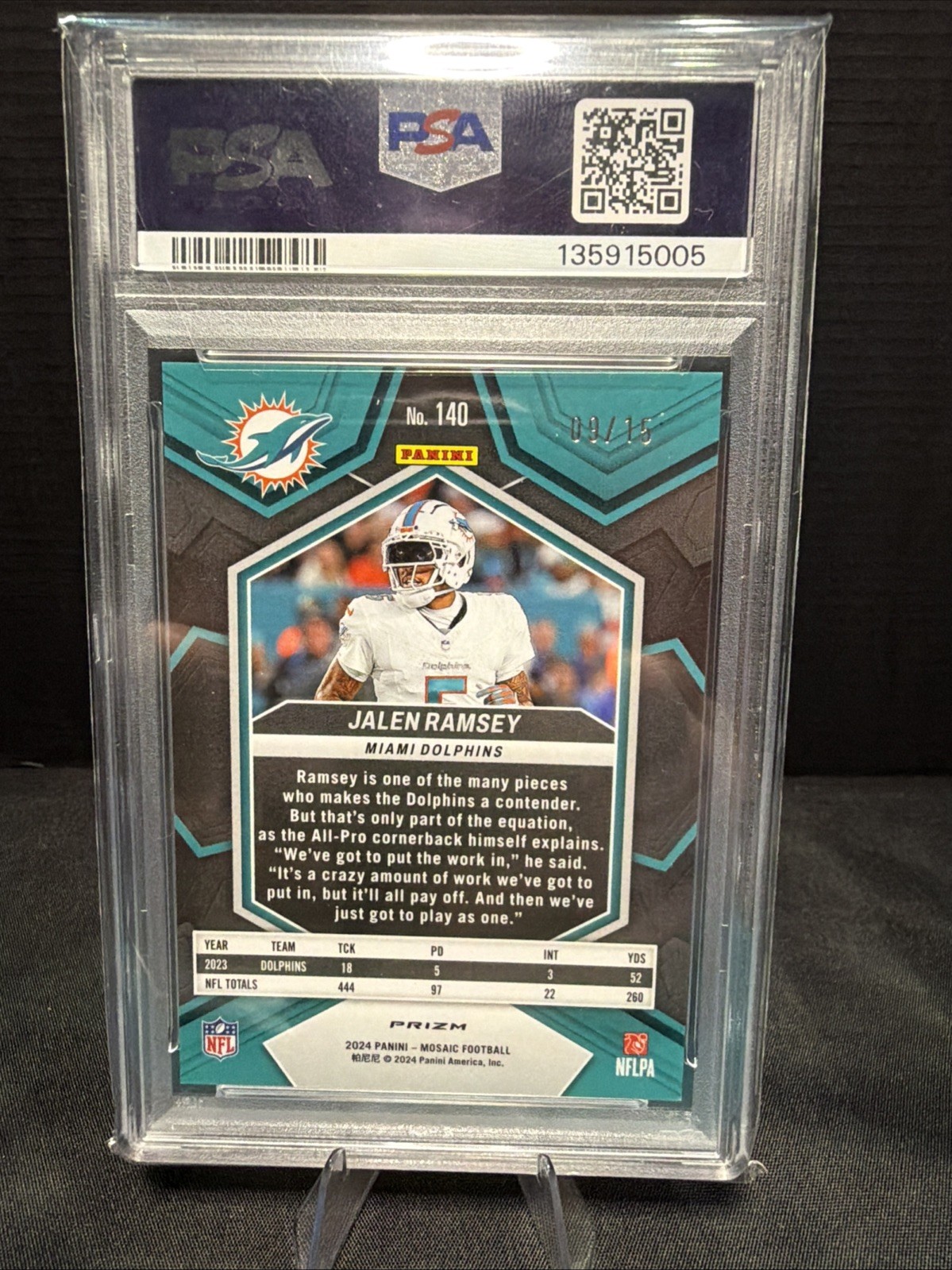 2024 Panini Mosaic - Tessellation Prizm /15 - #140 Jalen Ramsey - Dolphins PSA 9 view 5