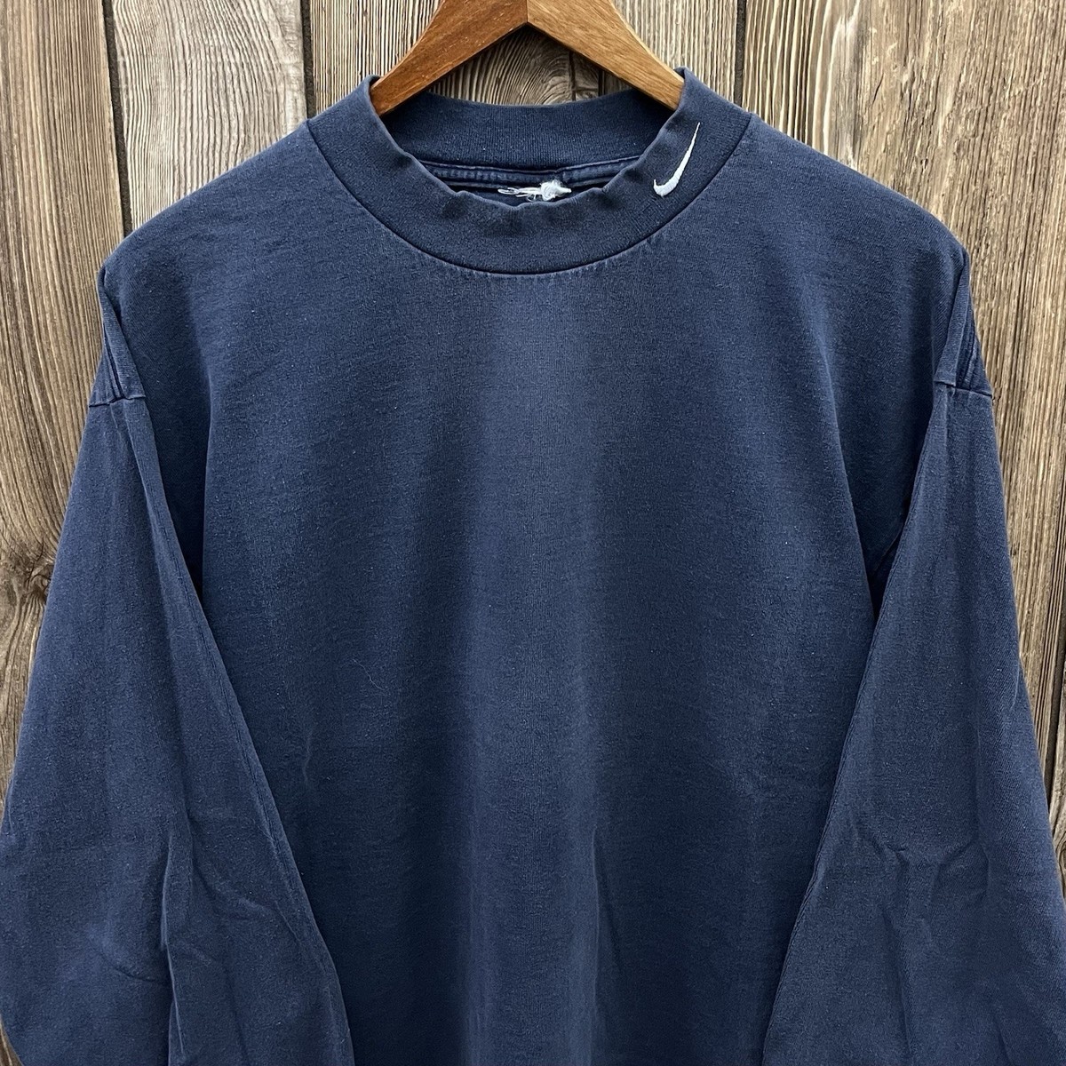 Vintage Nike Swoosh Mock Neck Long Sleeve Tee Shirt 90s Faded Navy