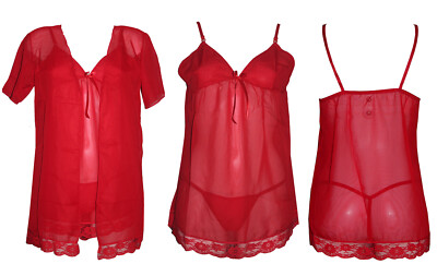 Sexy rot 3-teilig Damen Kimono Robe Babydoll Dessous Nachtwäsche Hemd Negligees